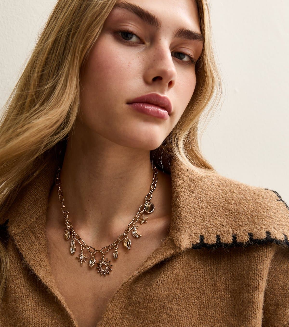 New Look Gold Tone Diamante Embellished Mystical Charm Necklace New Look