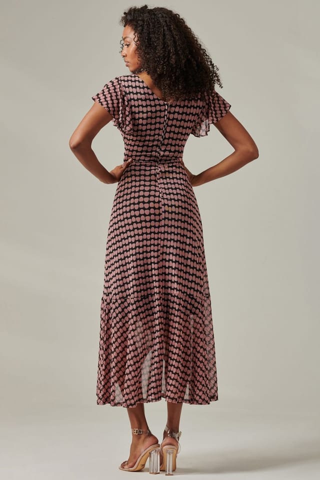 Jolie Moi Jolie Moi Women's Geo Print Ruffle Hem Mesh Maxi Dress in Pink - 2