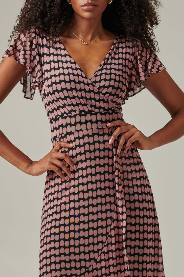Jolie Moi Jolie Moi Women's Geo Print Ruffle Hem Mesh Maxi Dress in Pink - 3