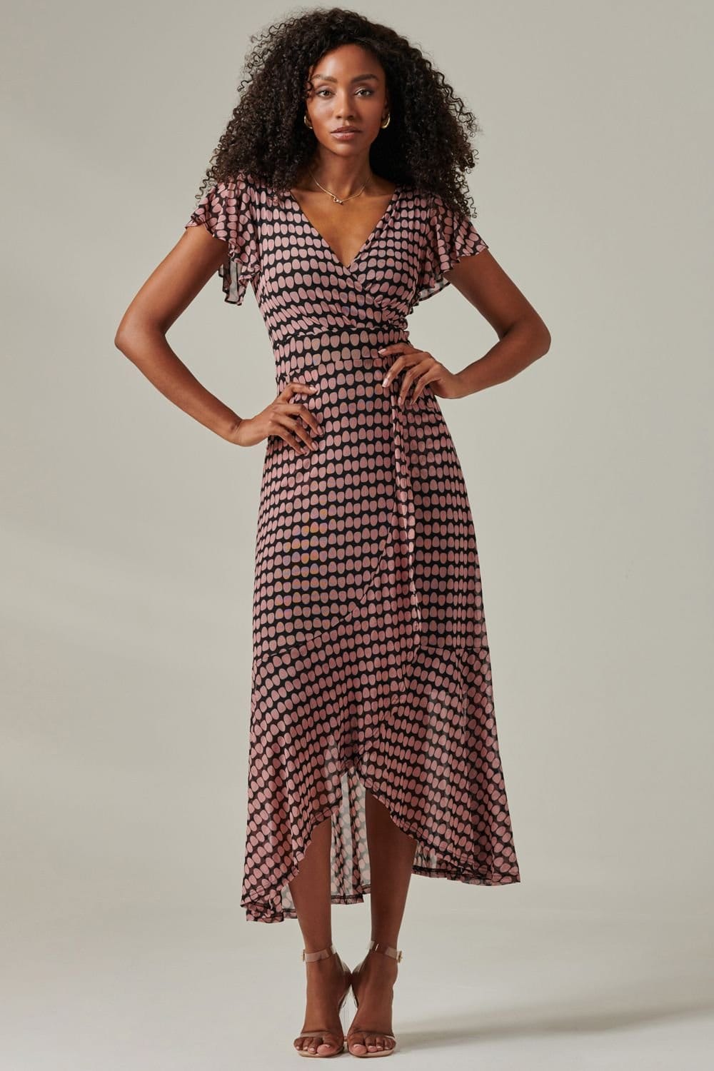 Jolie Moi Jolie Moi Women's Geo Print Ruffle Hem Mesh Maxi Dress in Pink - 4