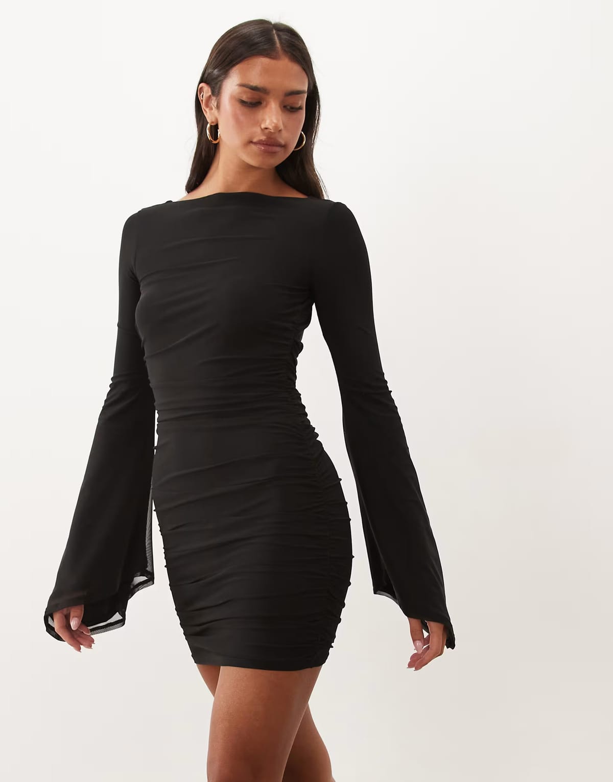 ASOS ASOS DESIGN mesh waterfall sleeve ruched mini dress in black - 1