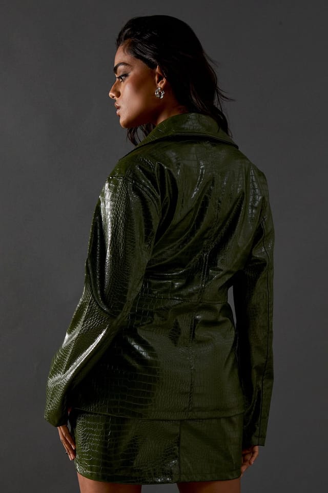 Warehouse Warehouse Women's Croc Waist Detail Faux Leather Jacket in Green Olive - 3