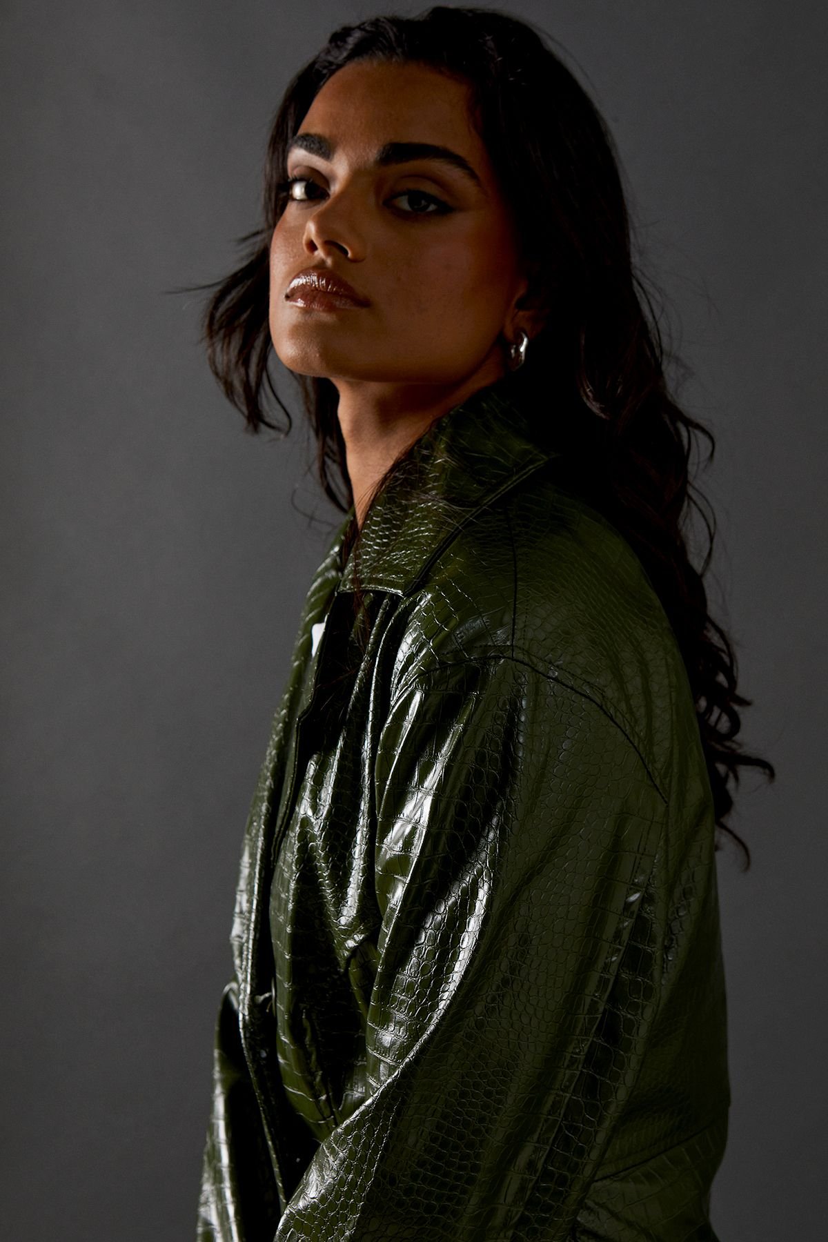 Warehouse Warehouse Women's Croc Waist Detail Faux Leather Jacket in Green Olive - 4