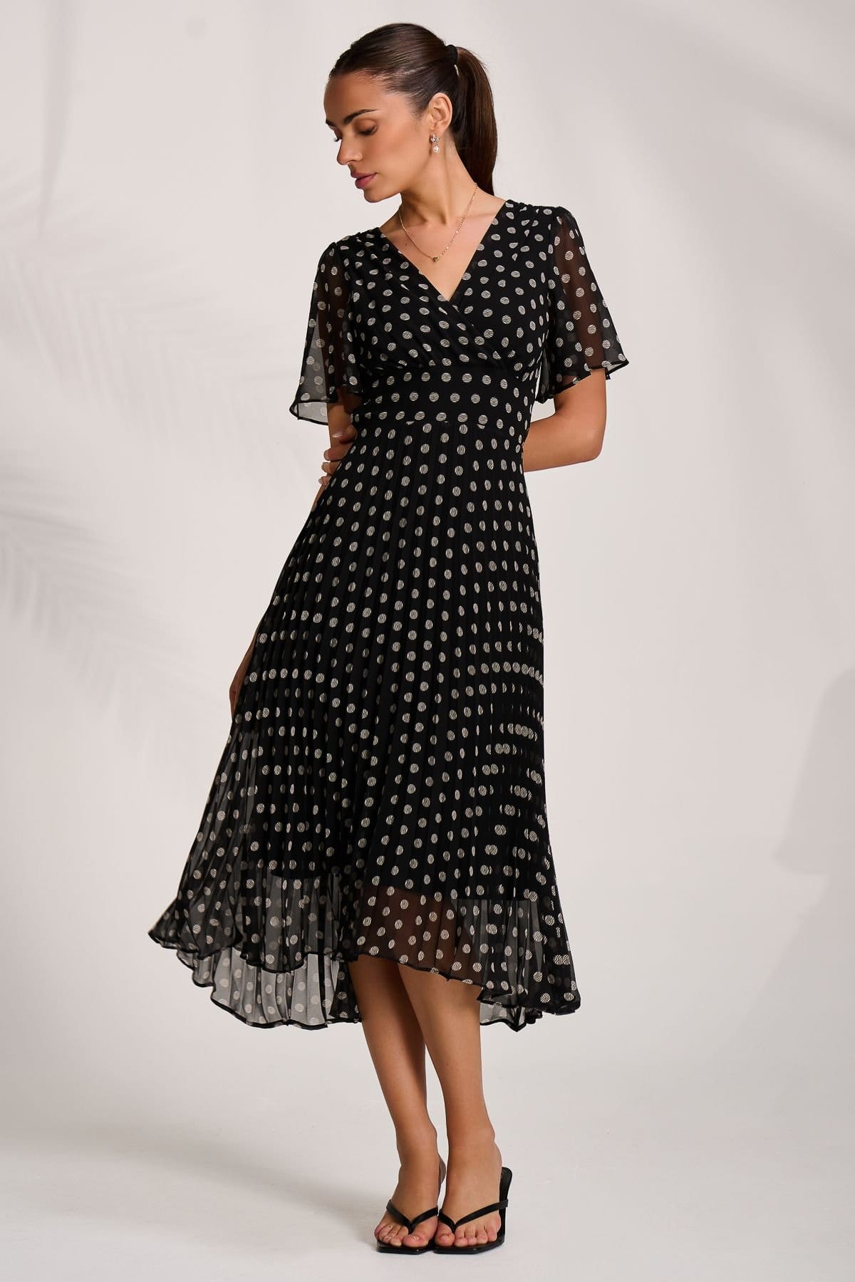 Jolie Moi Polka Dot Chiffon Midi Dress In Black