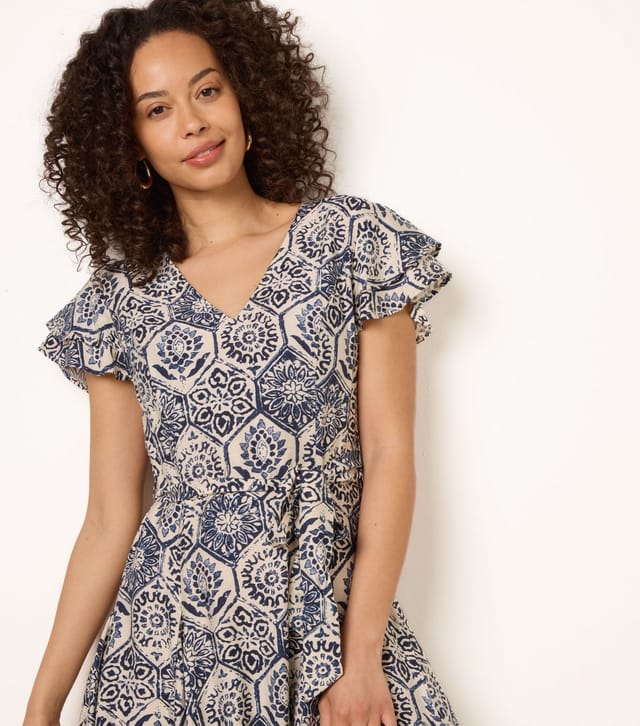 Blue Vanilla Women's Navy Tile Print Flutter Sleeve Mini Dress Blue Vanilla New Look - 3