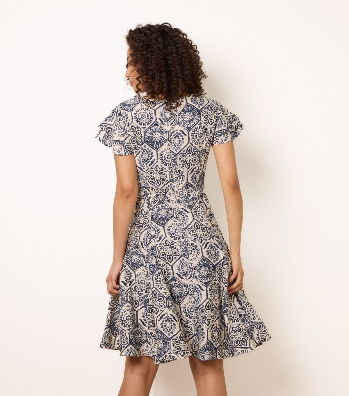 Blue Vanilla Women's Navy Tile Print Flutter Sleeve Mini Dress Blue Vanilla New Look - 4