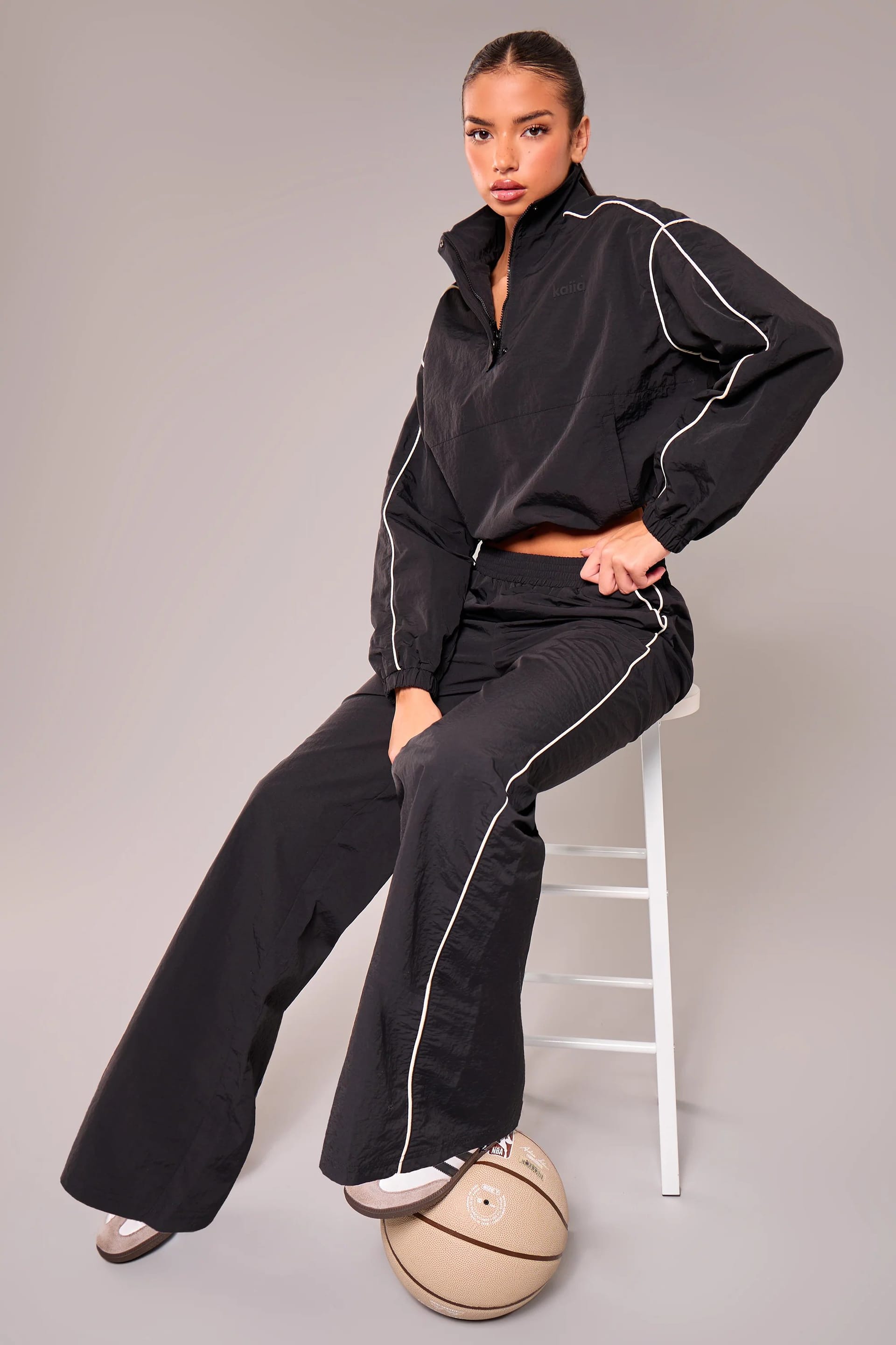 Kaiia Black Contrast Piping Wide Leg Trousers