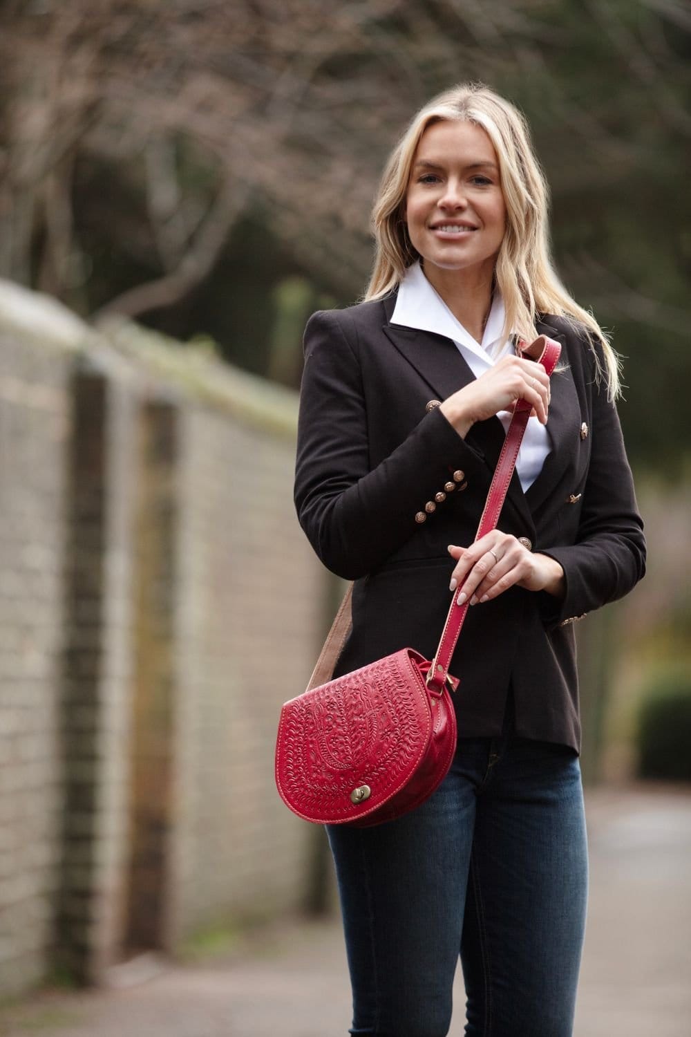 Berber Leather Berber Leather Women's 'The Temara' Embossed Leather Saddle Bag in Red - 4