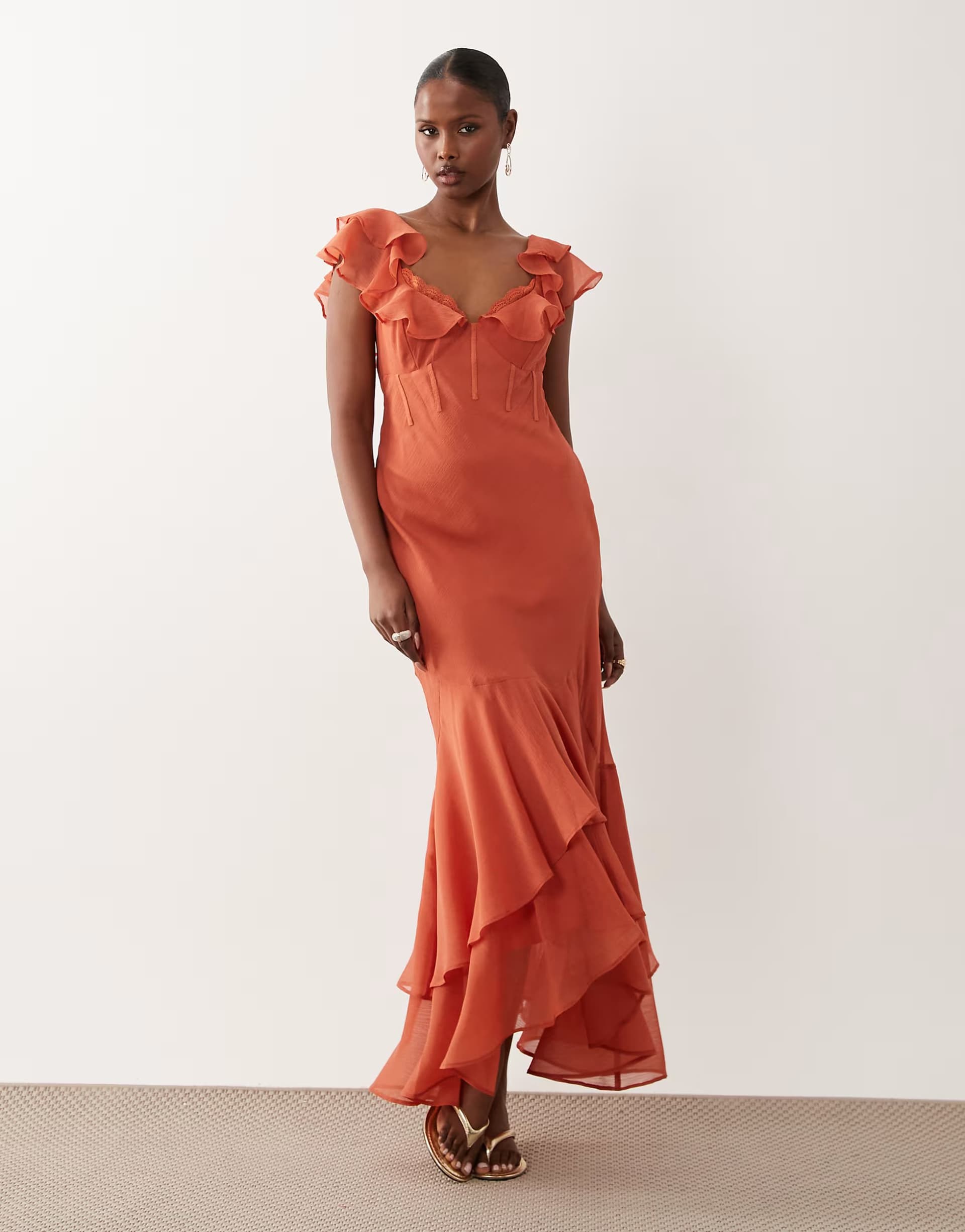ASOS ASOS DESIGN frill sleeve maxi dress with fishtail hem in terracotta
