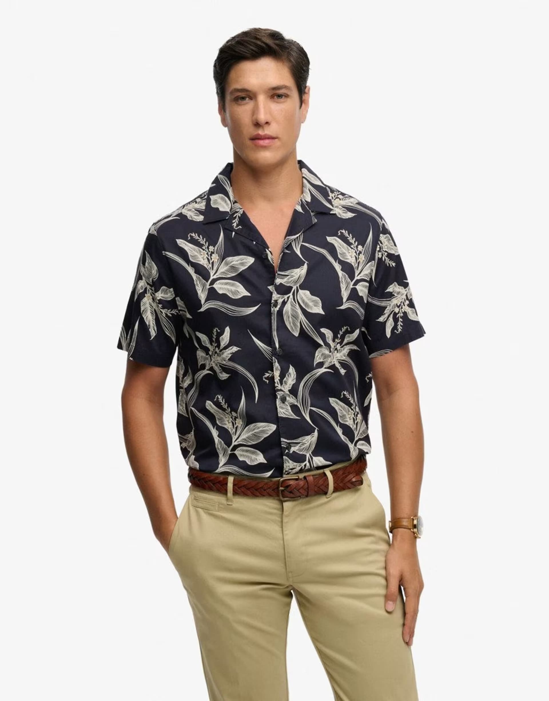 ASOS Superdry Hawaiian print short sleeve shirt in canna leaves navy