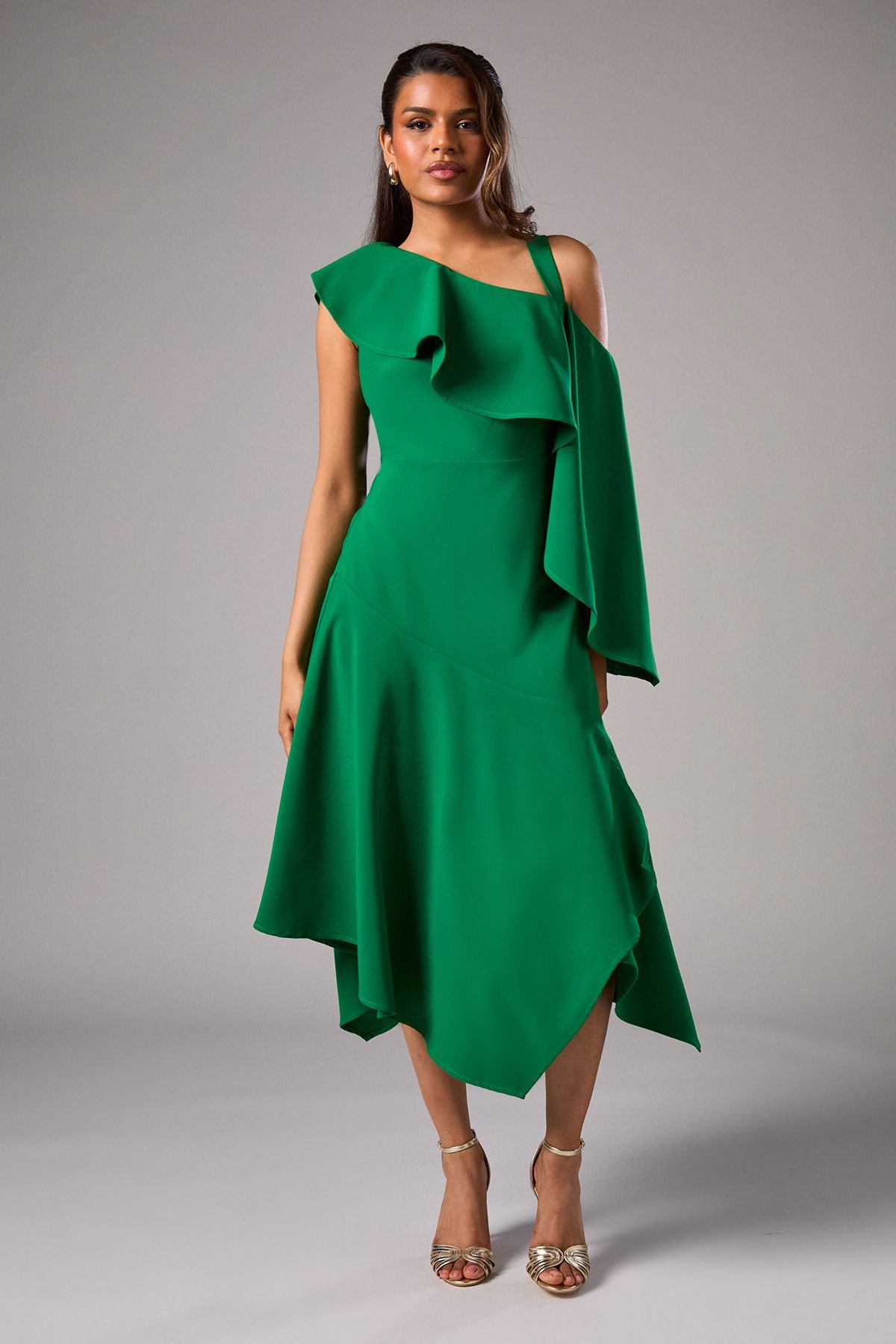 Coast Coast Women's Petite One Shoulder Ruffle Crepe Midi Wedding Guest Dress in Emerald - 2