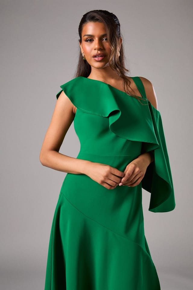 Coast Coast Women's Petite One Shoulder Ruffle Crepe Midi Wedding Guest Dress in Emerald - 2