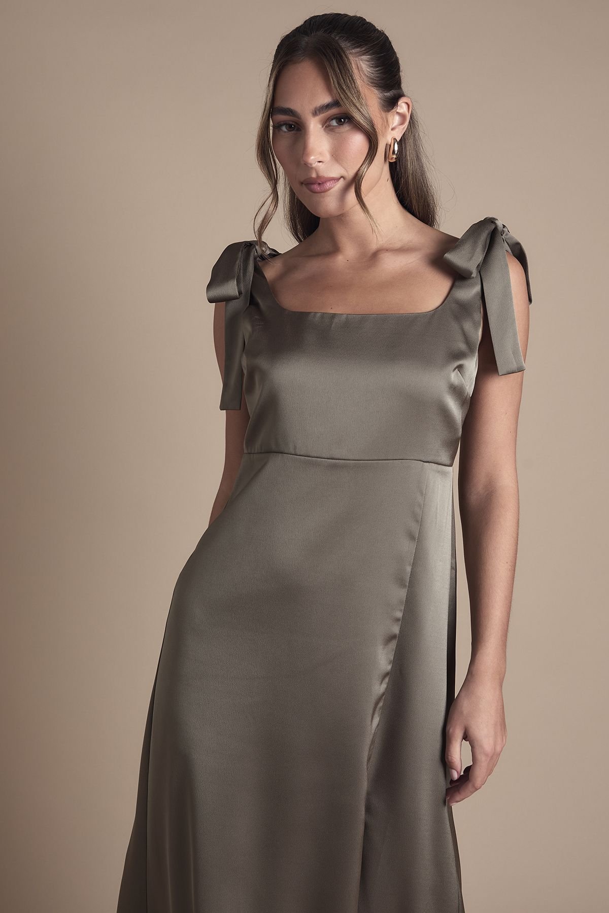 Oasis Oasis Women's Petite Satin Tie Shoulder Midi Bridesmaid Dress in Olive - 3