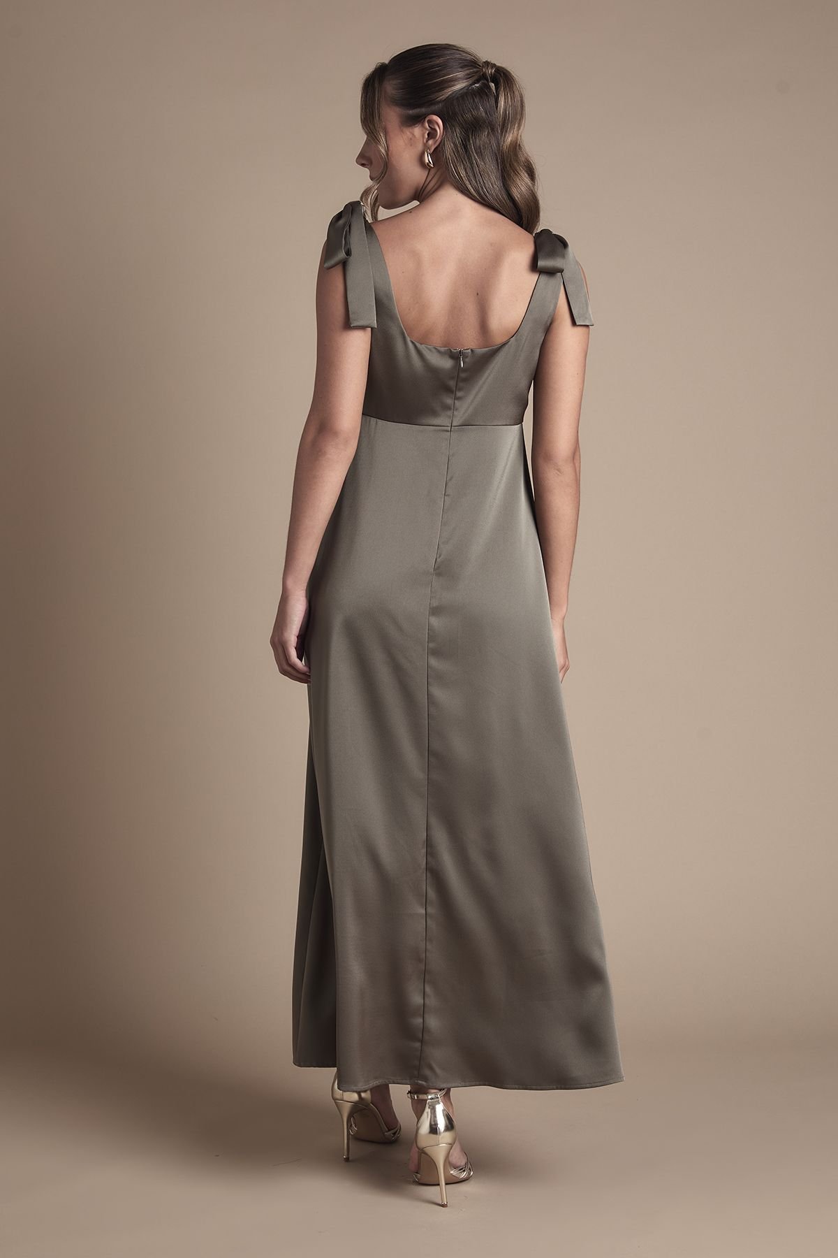 Oasis Oasis Women's Petite Satin Tie Shoulder Midi Bridesmaid Dress in Olive - 4