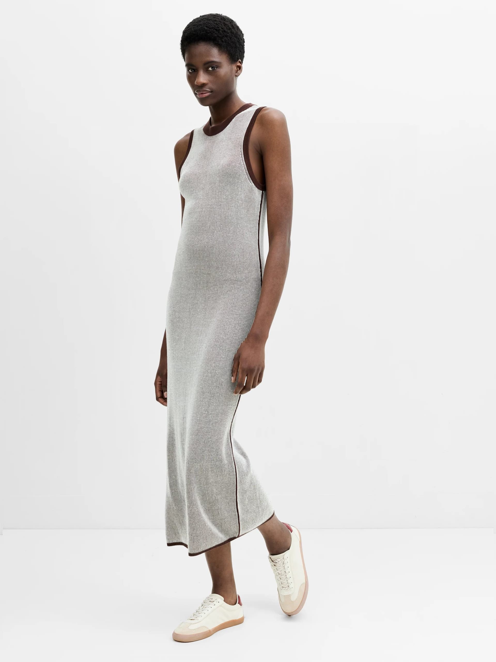 French Connection Naria Striped Knit Midi Dress Espresso Brown/Porcelain Cream