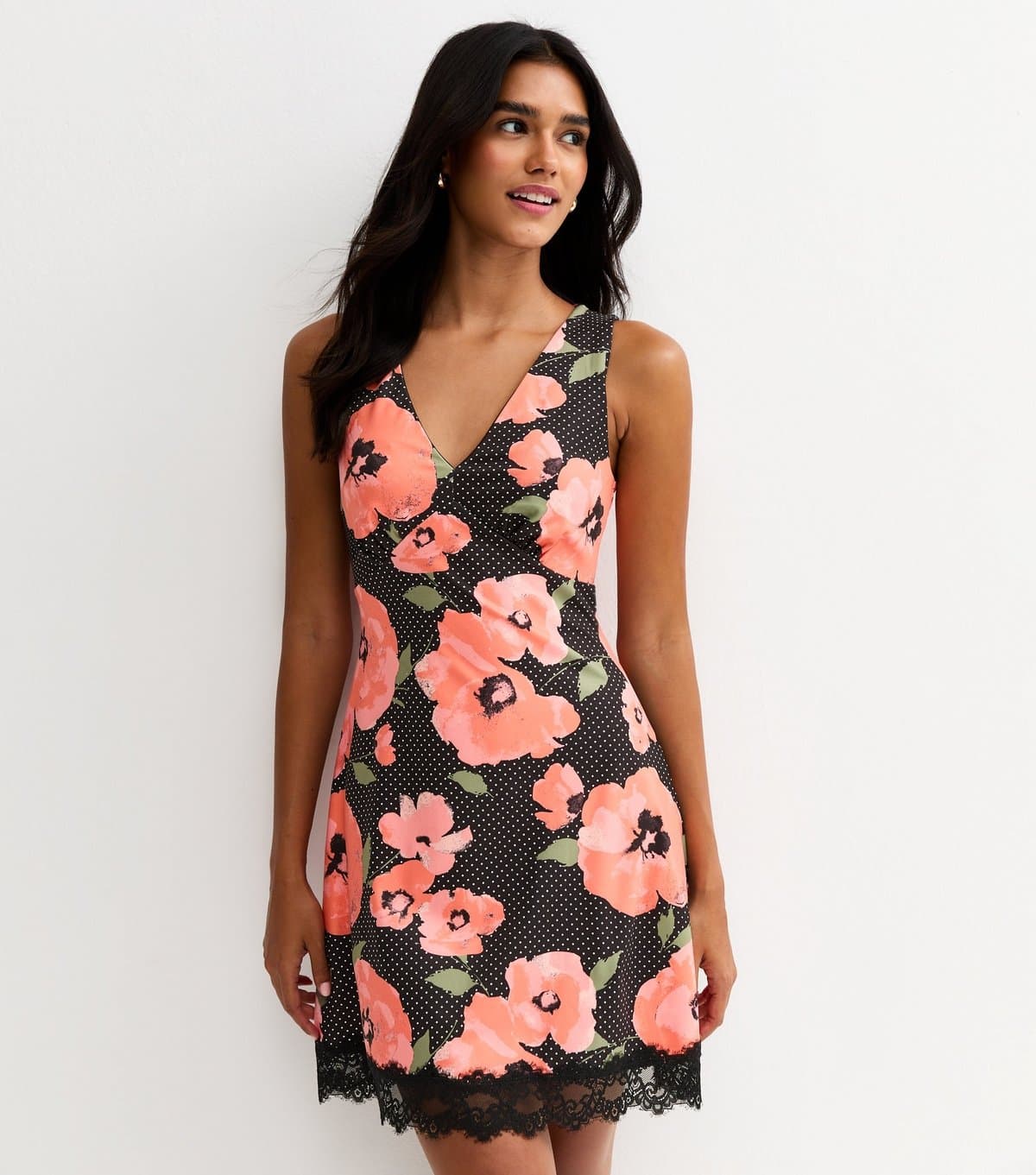 New Look Women's Black Polka Dot Floral V-neck Lace Trim Mini Dress New Look