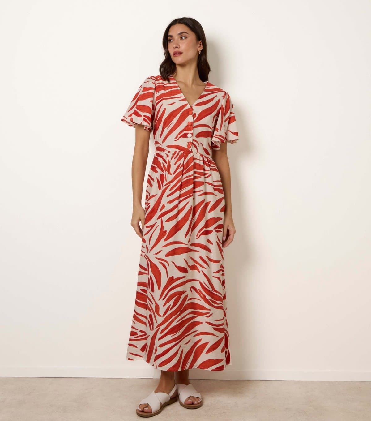 Blue Vanilla Women's Orange Brush Pattern Midi Dress Blue Vanilla New Look