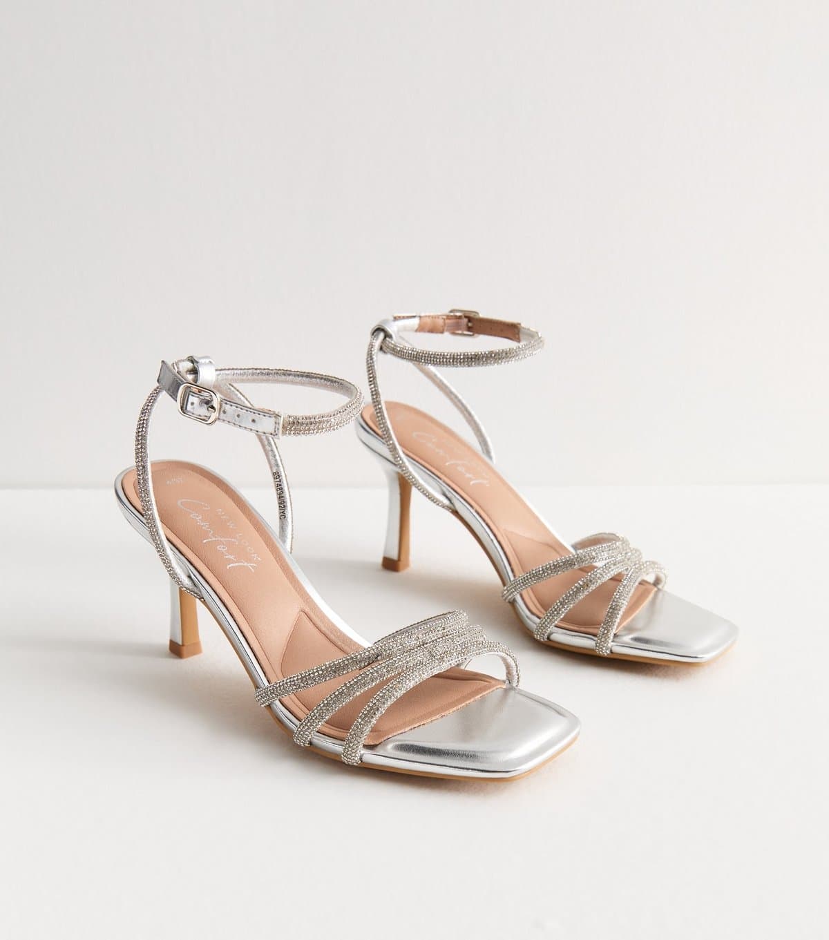 New Look Women's Silver Diamanté-Embellished Stiletto Sandals Vegan New Look