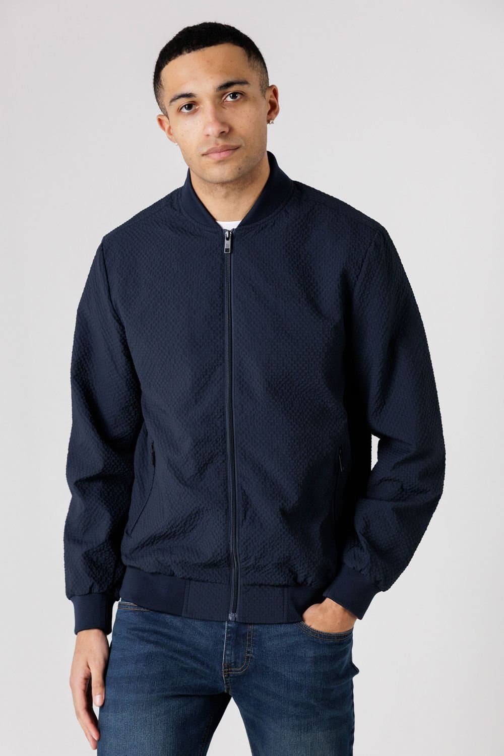 Tokyo Laundry Tokyo Laundry Men's Seersucker Bomber Jacket with Zip-Up & Side Pockets in Navy