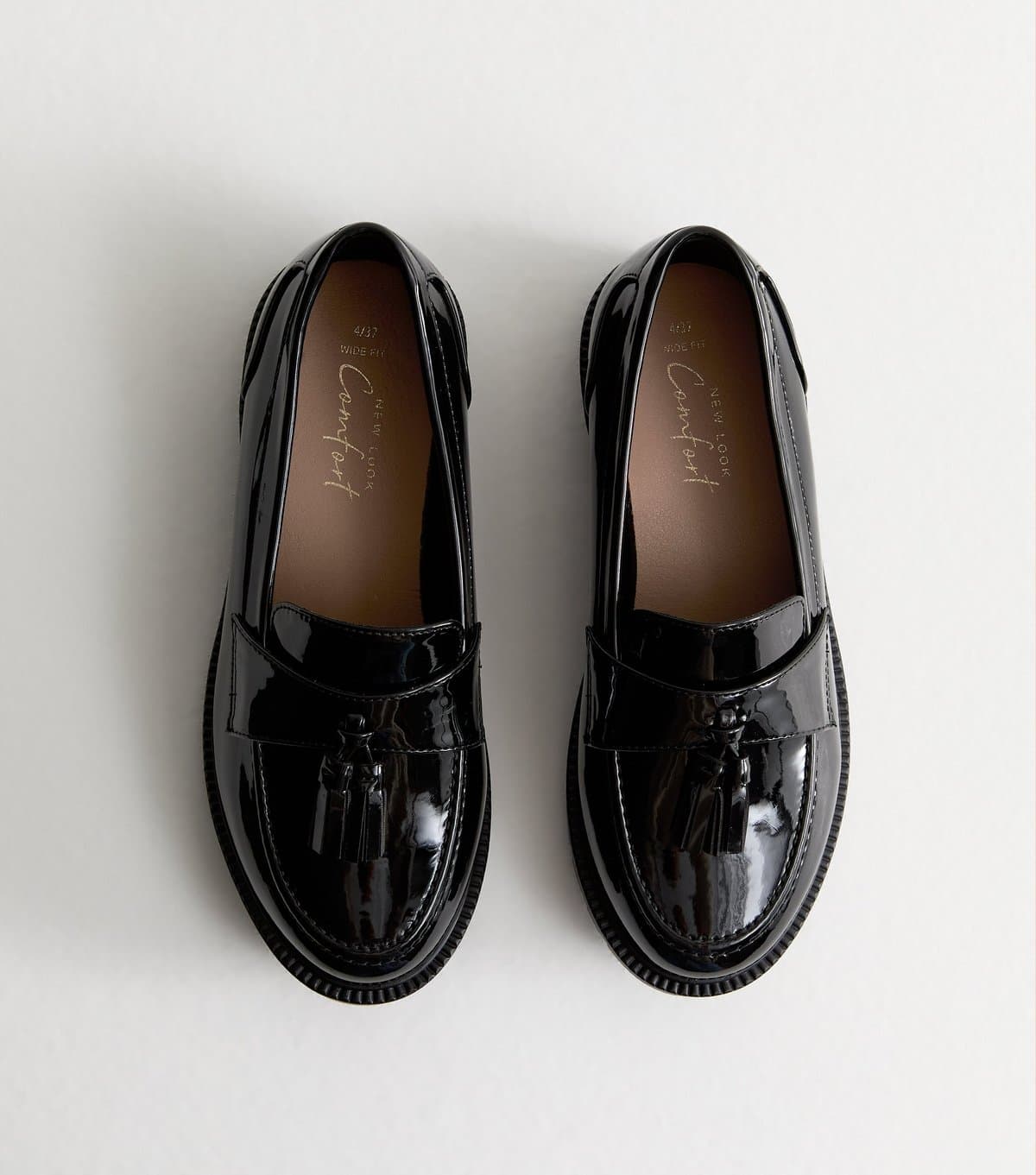 New Look Women's Wide Fit Black Patent Chunky Tassel Loafers Vegan New Look