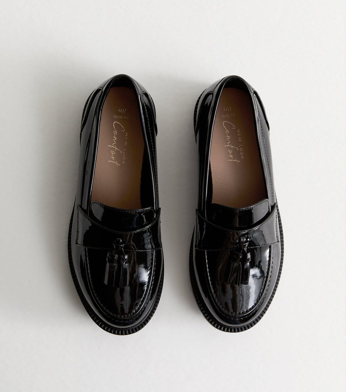 New Look Women's Wide Fit Black Patent Chunky Tassel Loafers Vegan New Look - 1