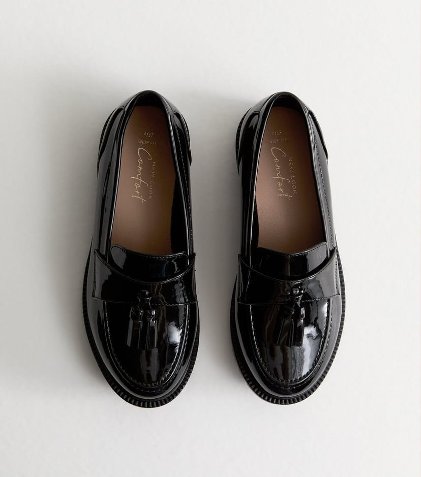 New Look Women's Wide Fit Black Patent Chunky Tassel Loafers Vegan New Look - 1