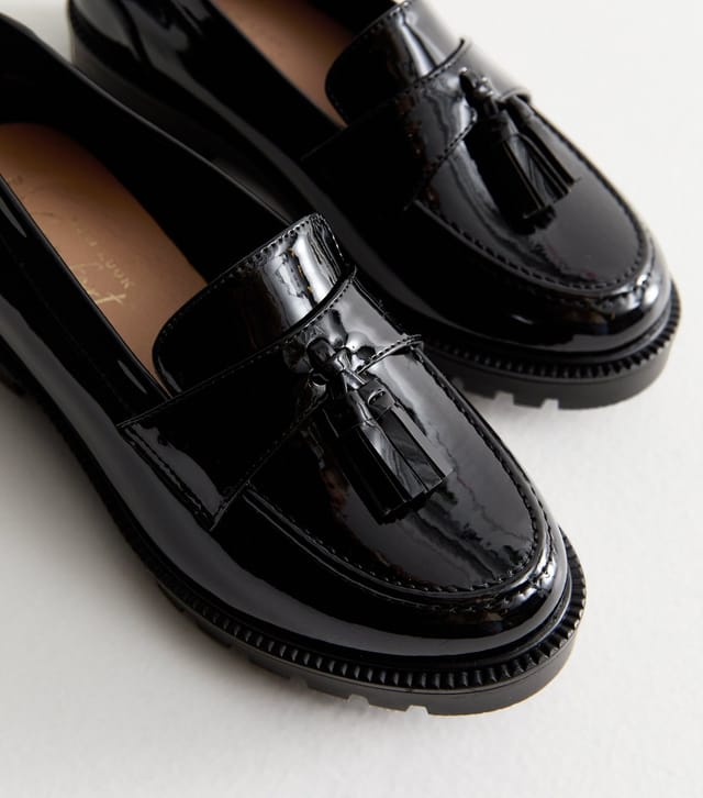 New Look Women's Wide Fit Black Patent Chunky Tassel Loafers Vegan New Look - 3