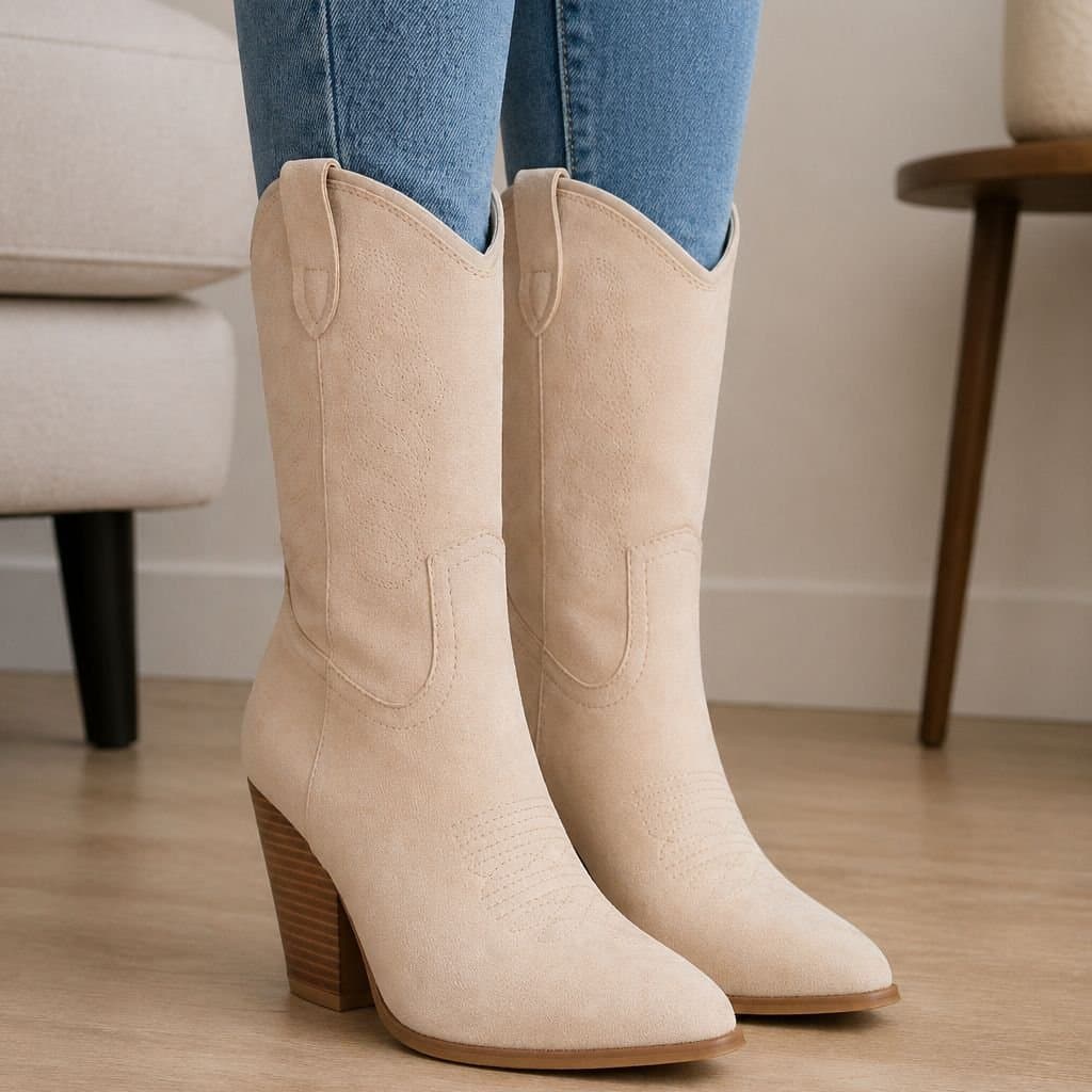 Truffle Collection Truffle Collection Women's Calf Boots Zip Microfibre Pointed Toe Block Heel Shoes in Beige