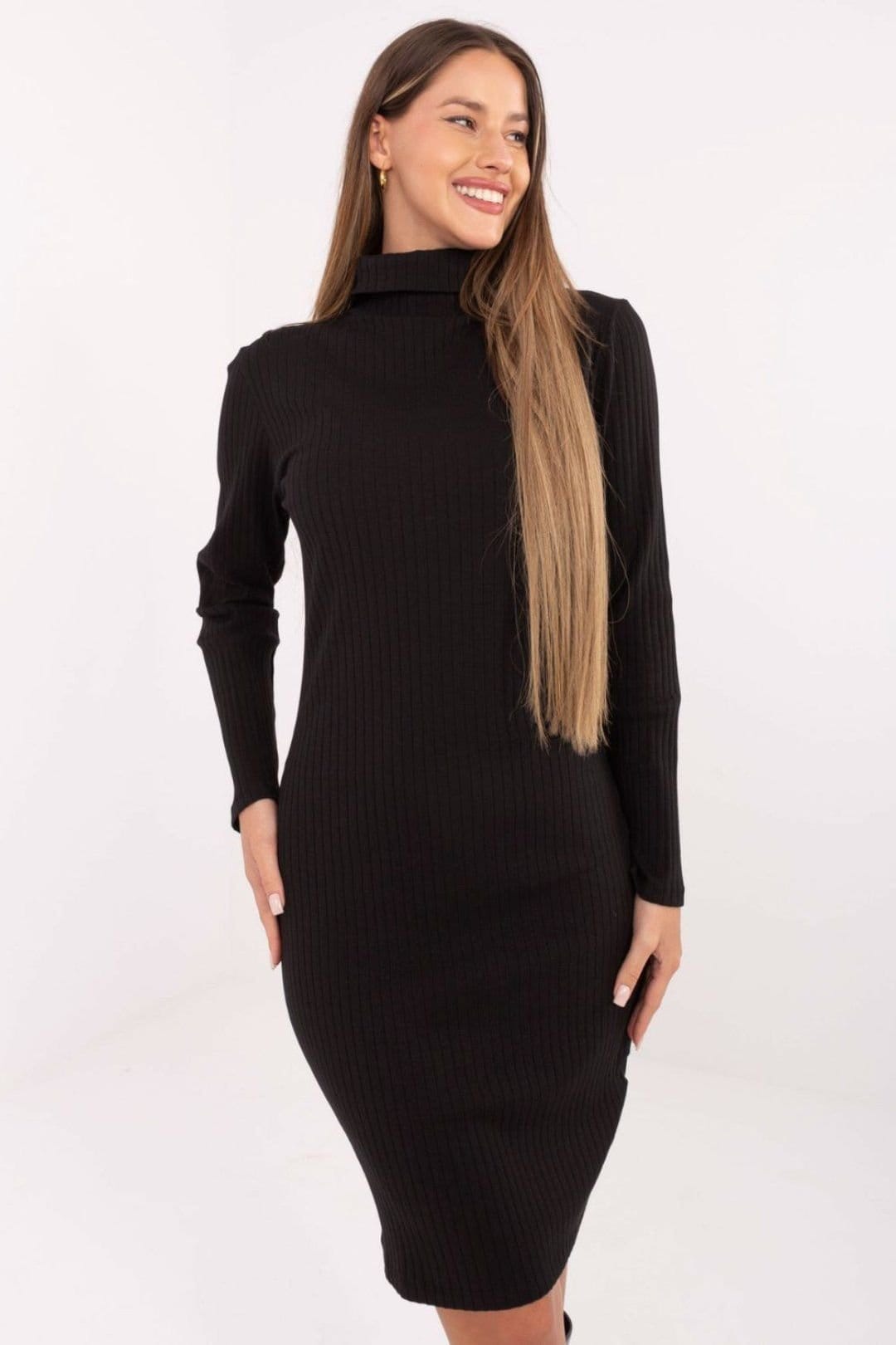 Love Lace Love Lace Women's Ribbed Cotton Turtleneck Pencil Dress Style 221257 in Black - 4