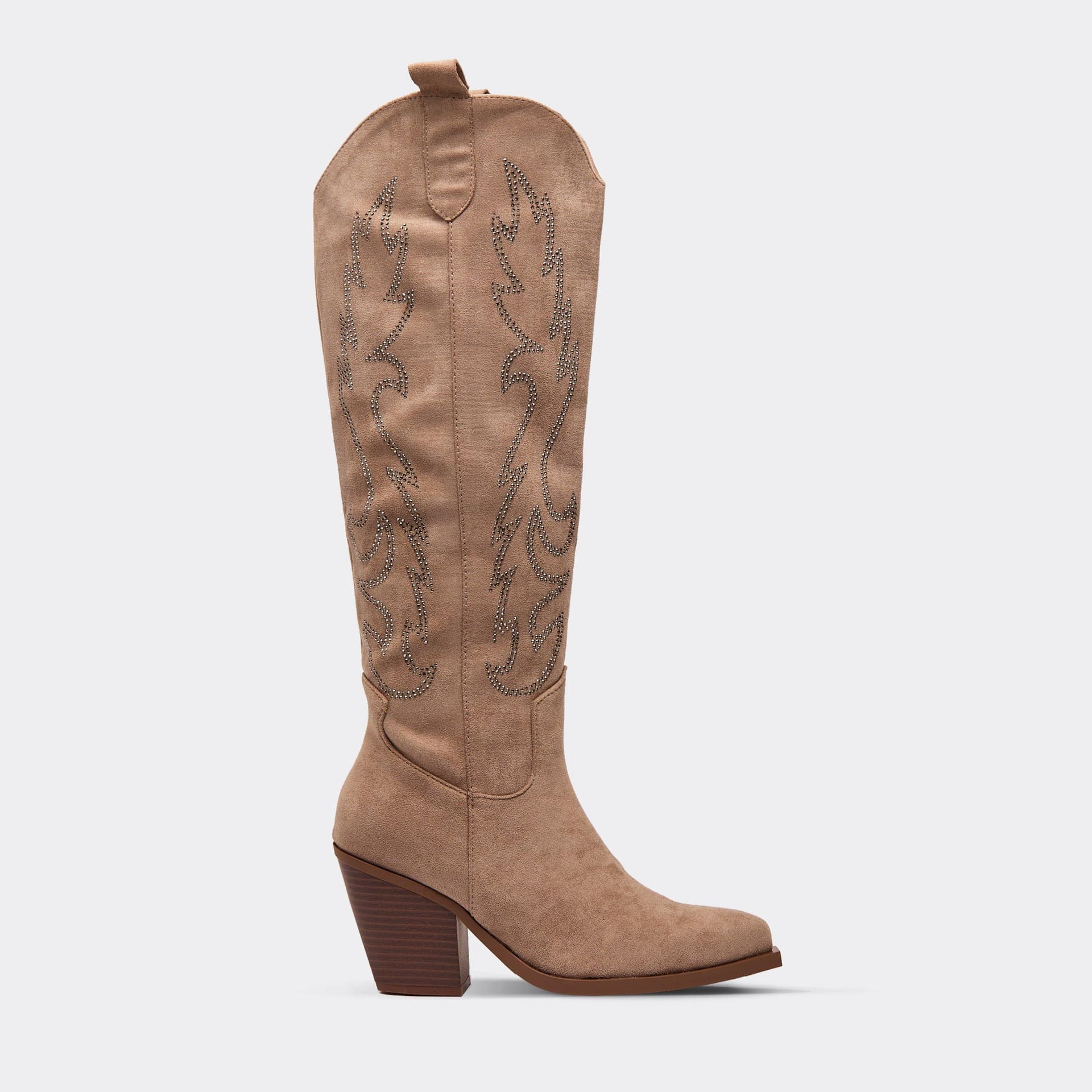EGO Rachie Embroidered Detail Knee High Western Cowboy Boot In Taupe Faux Suede, Women's Size UK 3