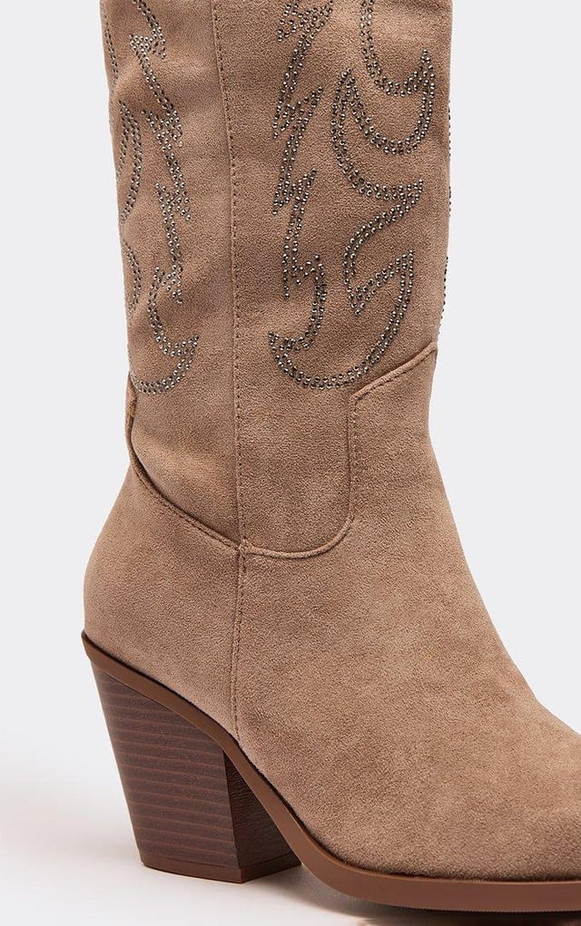 EGO Rachie Embroidered Detail Knee High Western Cowboy Boot In Taupe Faux Suede, Women's Size UK 3 - 2