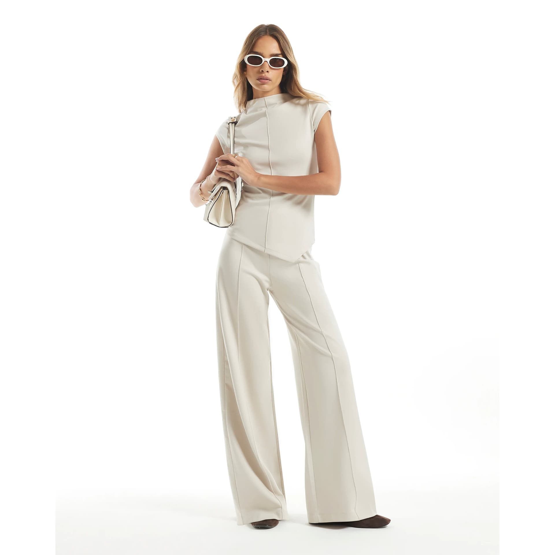 River Island River Island Womens Beige Premium Wide Leg Seam Trousers