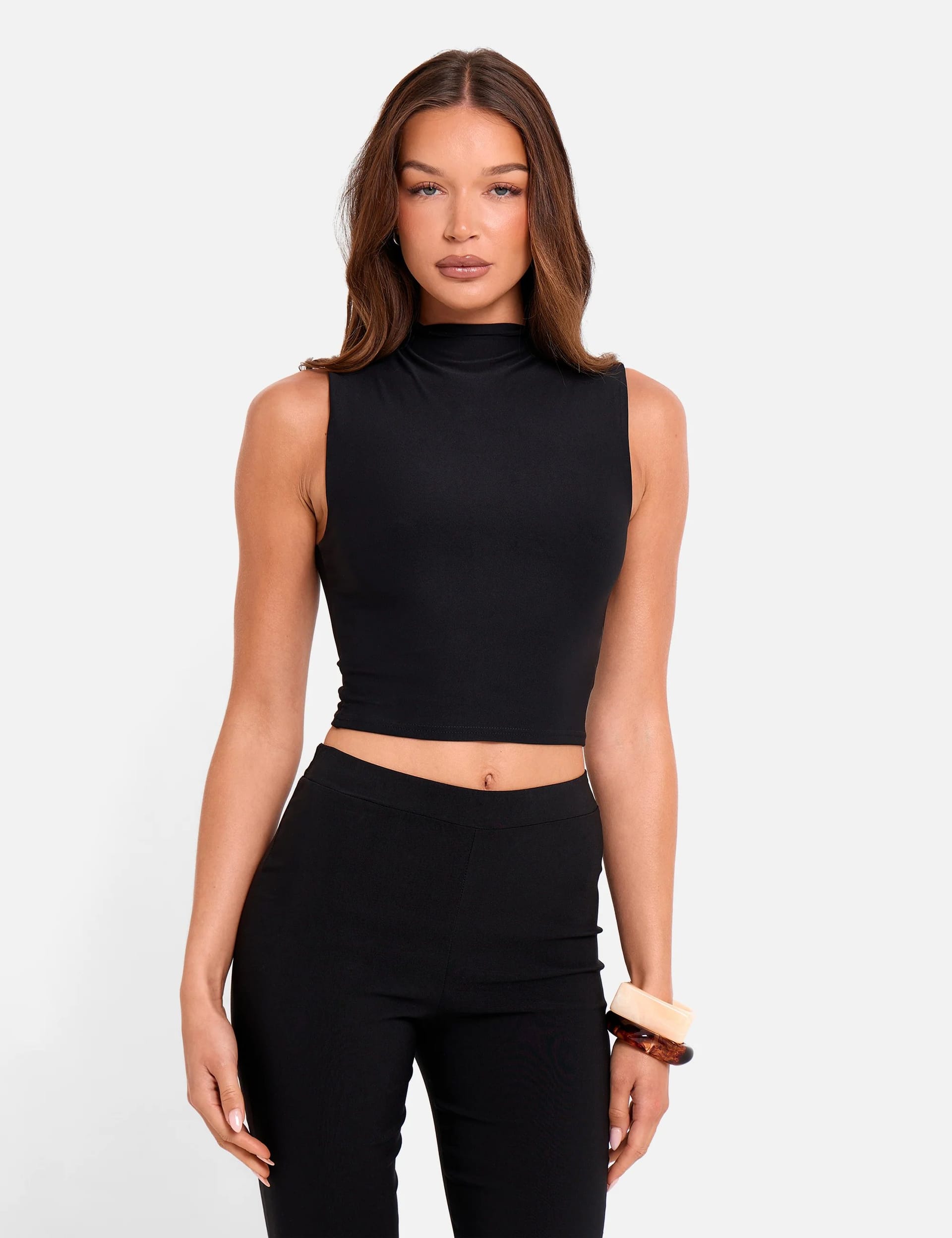 Public Desire UK Black High Neck Luxe Slinky Crop Top