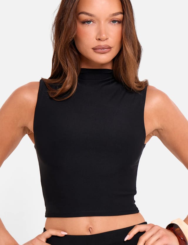 Public Desire High Neck Luxe Slinky Crop Top Black - 2
