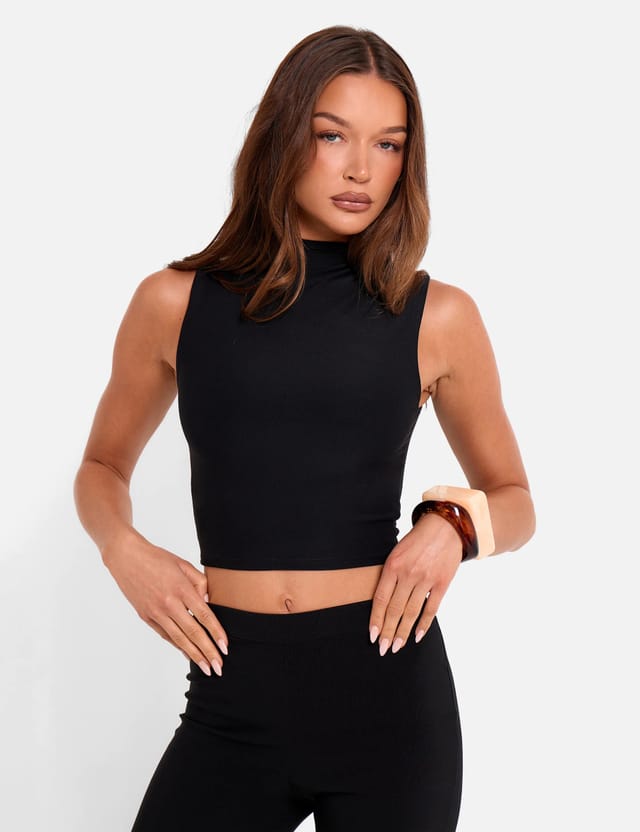 Public Desire High Neck Luxe Slinky Crop Top Black - 3