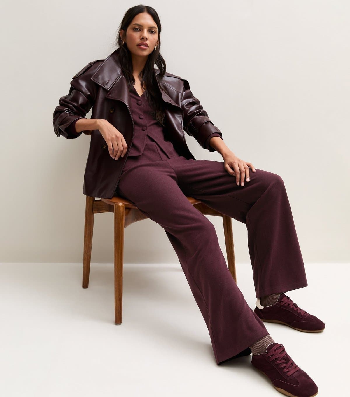 New Look Women's Dark Burgundy Soft Touch Wide Leg Trousers New Look
