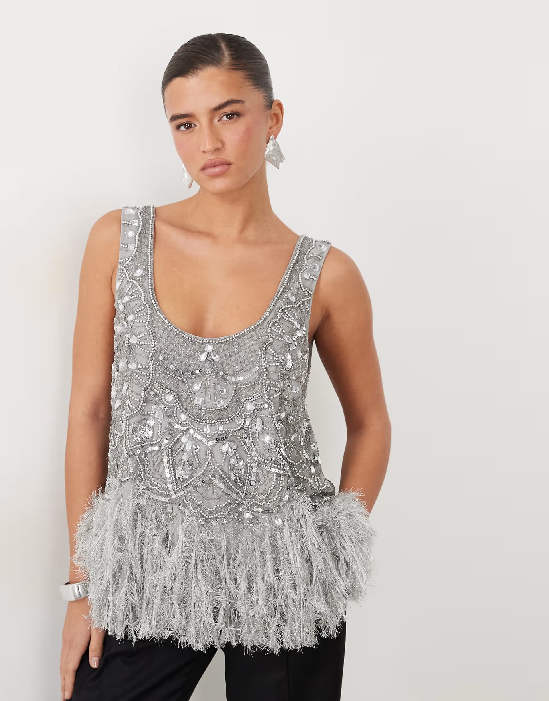 ASOS ASOS LUXE feather hem scoop neck embellished top in silver