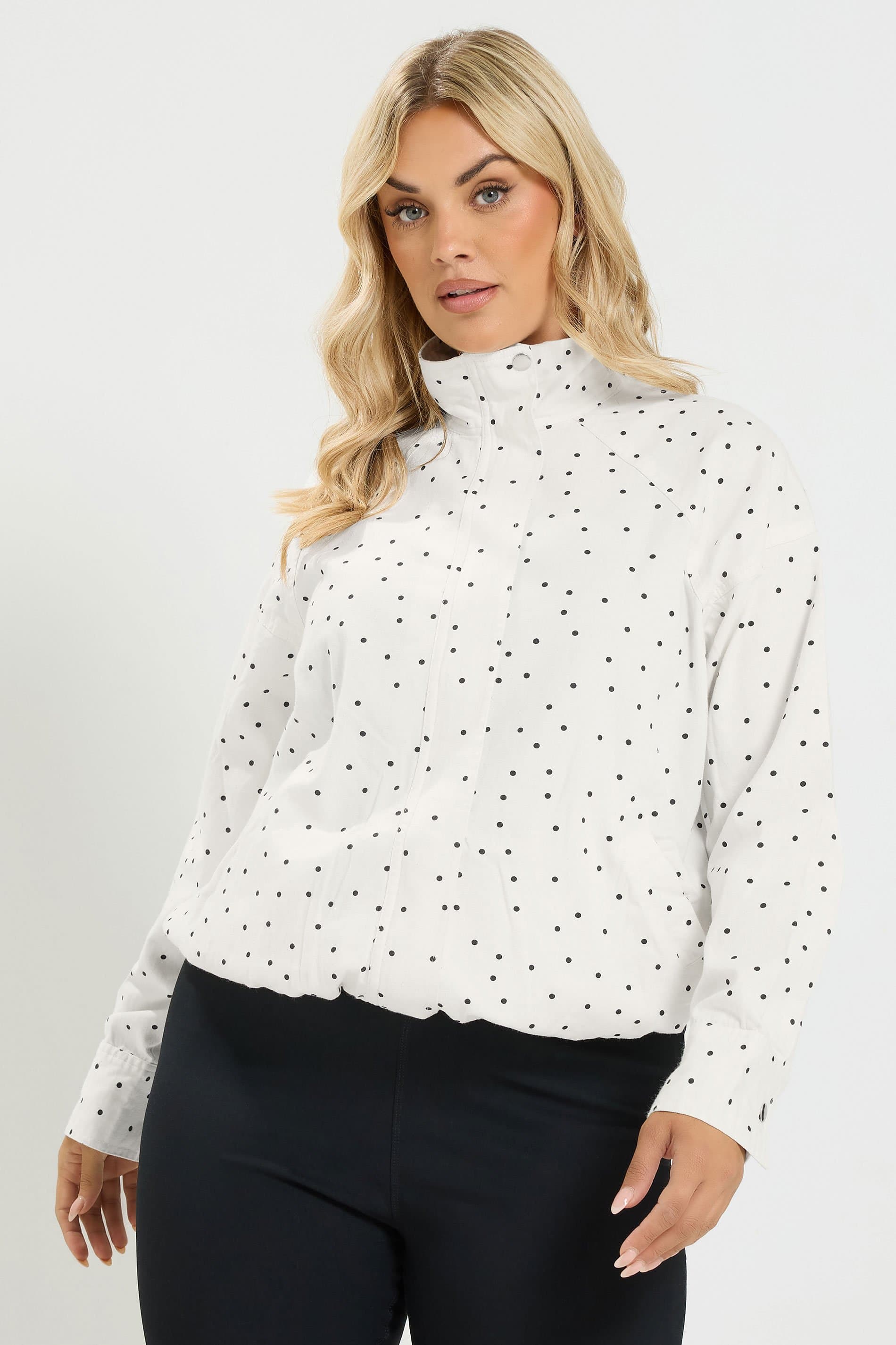 Yours Plus Size White Polka Dot Funnel Neck Cotton Bomber Jacket