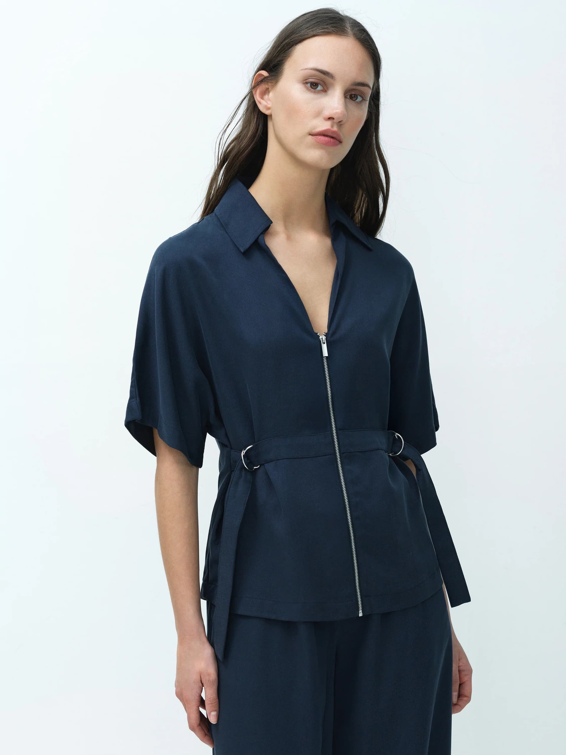 French Connection Yassie Utility Zip Front Tie Waist Navy Blue Shirt New Navy Blue