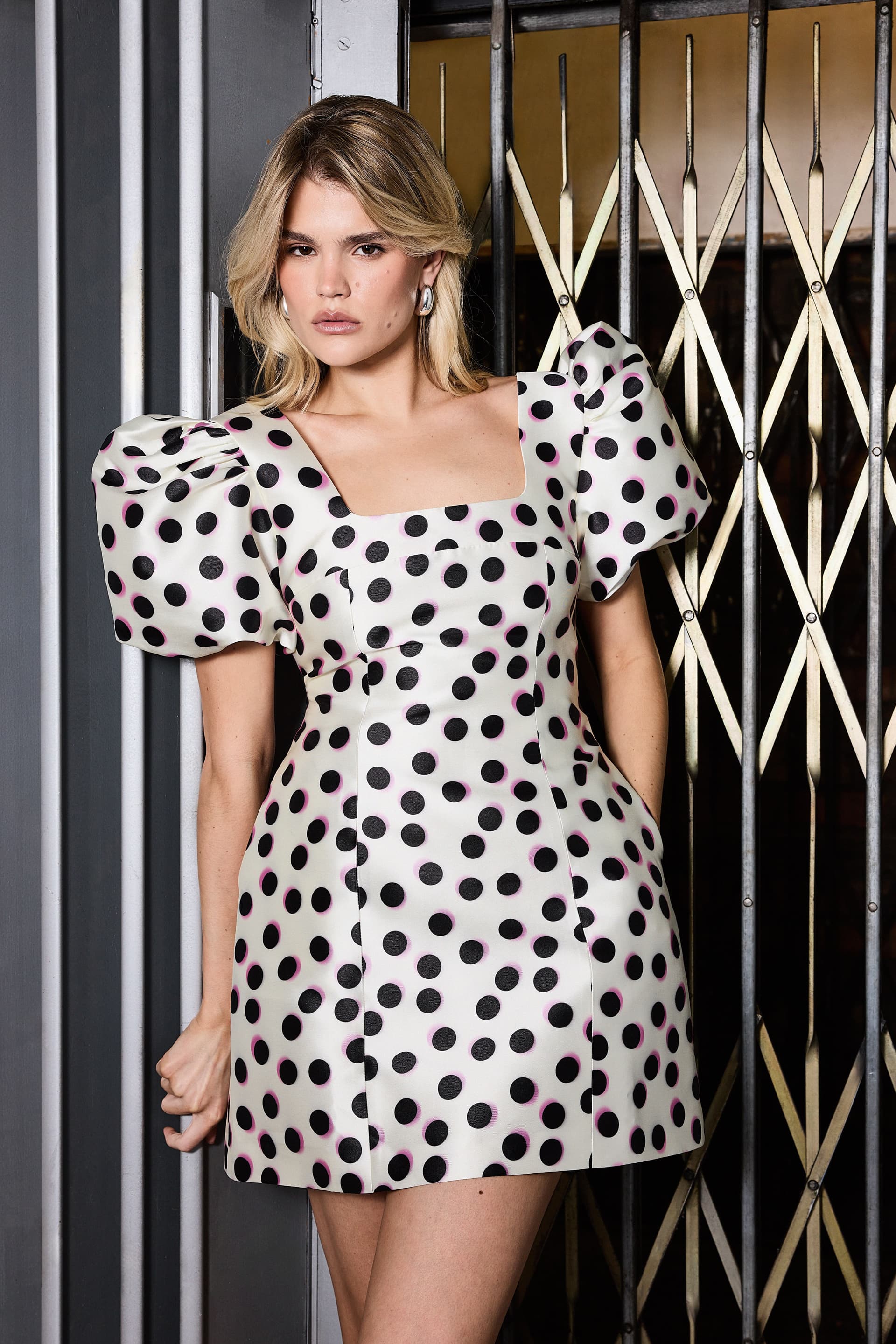 Warehouse Warehouse Women's Polka Dot Puff Sleeve A-Line Mini Dress in Mono