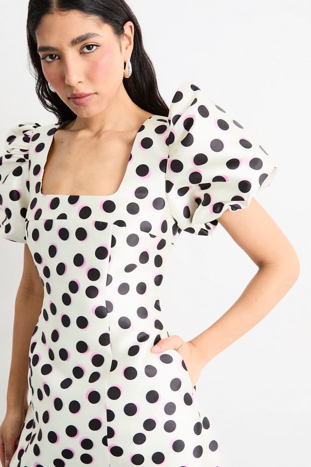 Warehouse Warehouse Women's Polka Dot Puff Sleeve A-Line Mini Dress in Mono - 2