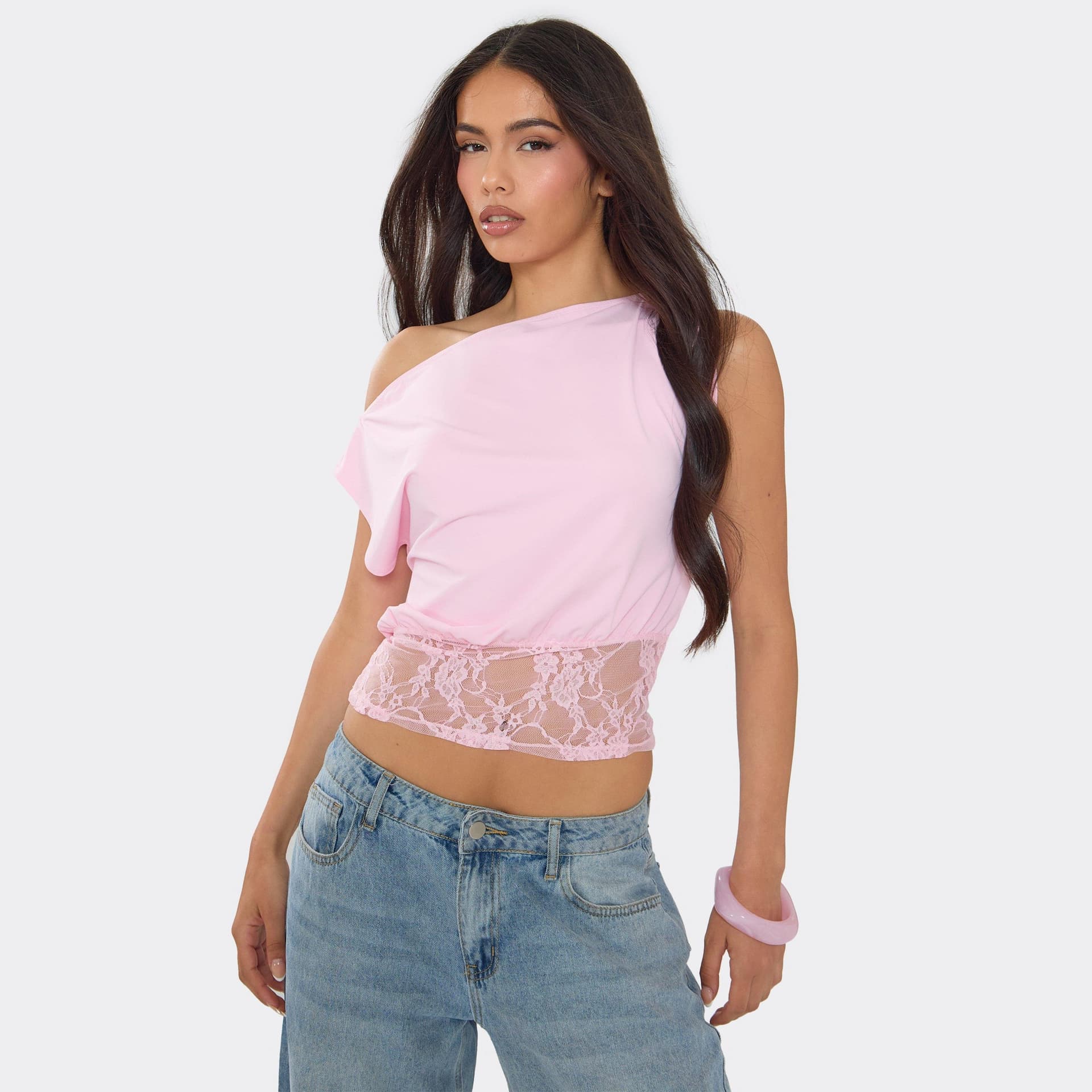 EGO Off The Shoulder Lace Trim Top In Pink, Women's Size UK 6