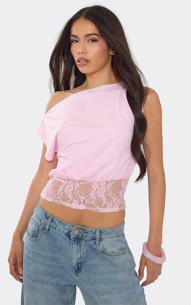 EGO Off The Shoulder Lace Trim Top In Pink, Women's Size UK 6 - 2