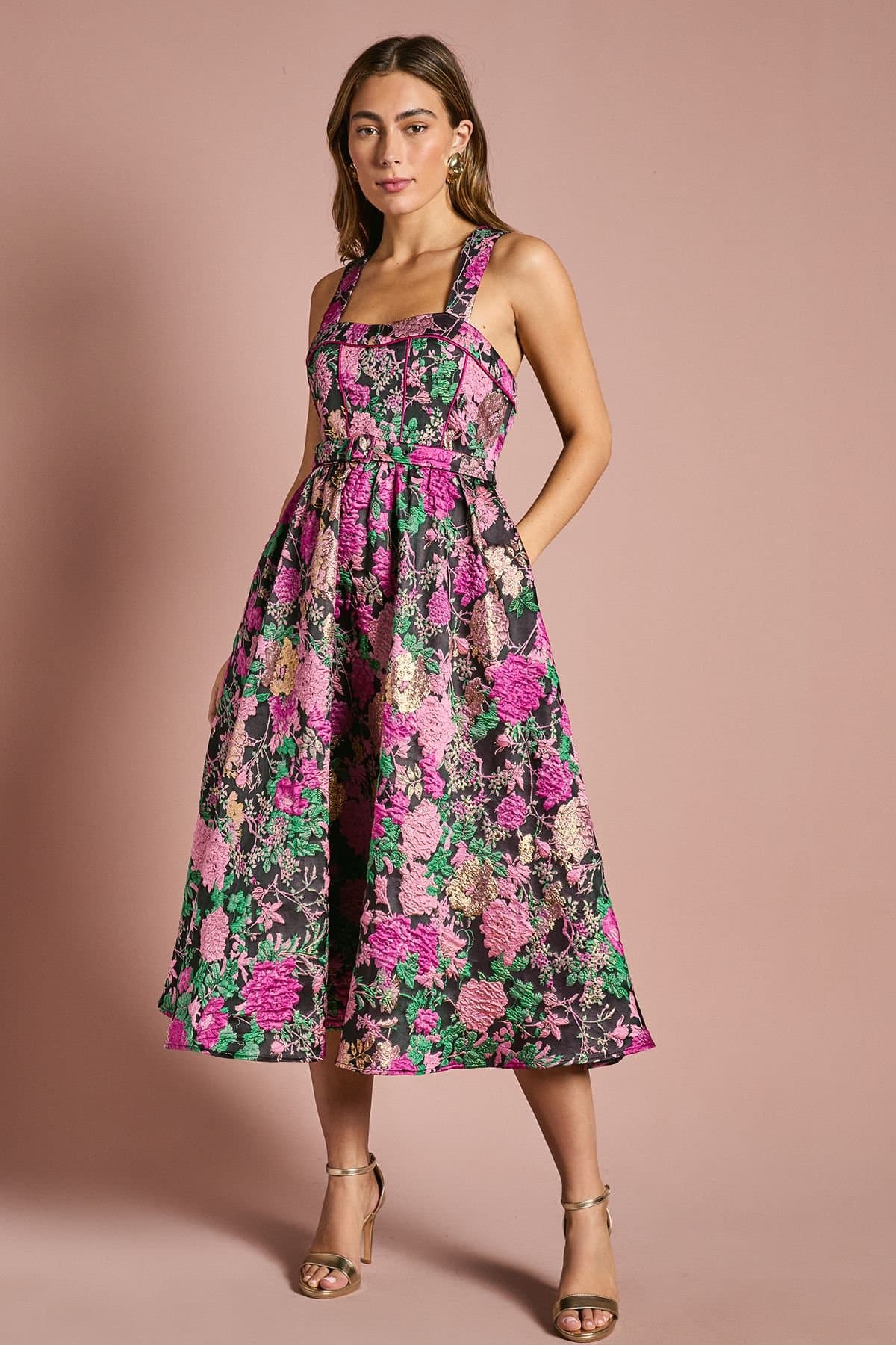 Coast Coast Women's Corset Bodice Full Skirted Jacquard Midi Dress in Pink