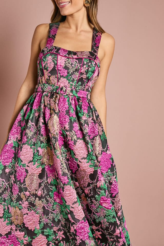 Coast Coast Women's Corset Bodice Full Skirted Jacquard Midi Dress in Pink - 2
