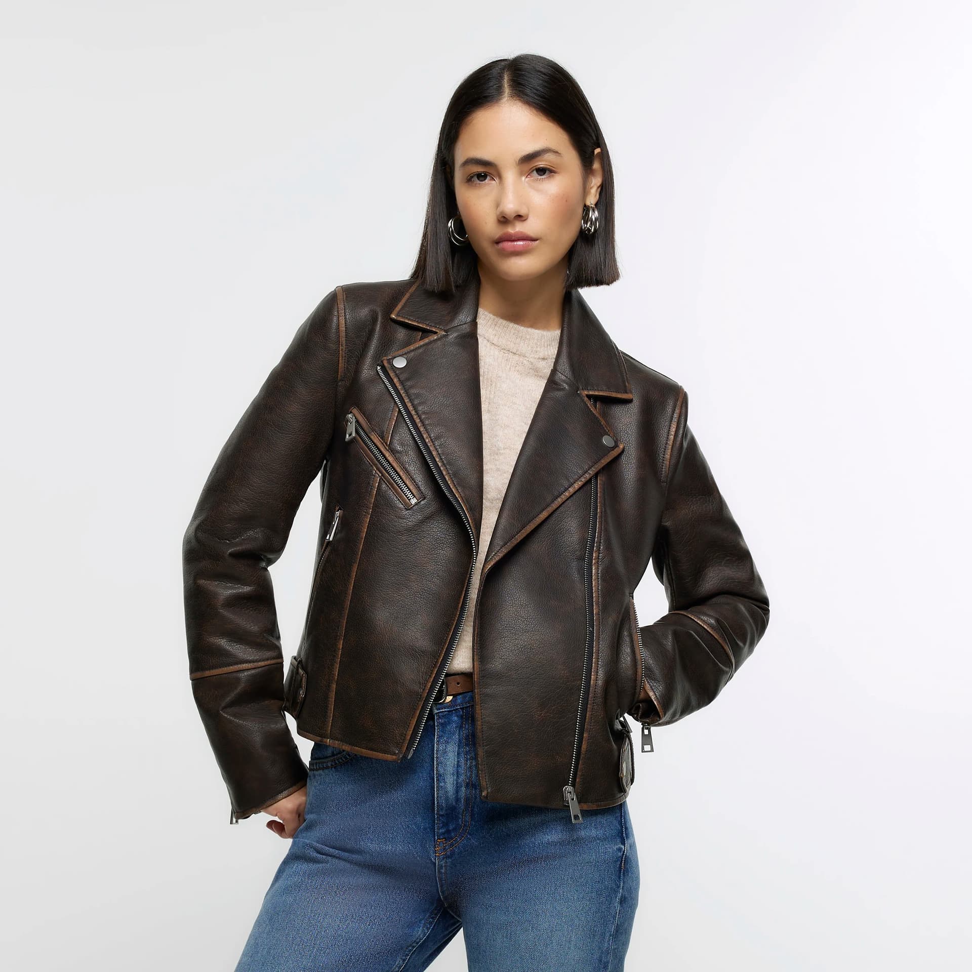 River Island River Island Womens Brown Faux Leather Distressed Biker Jacket