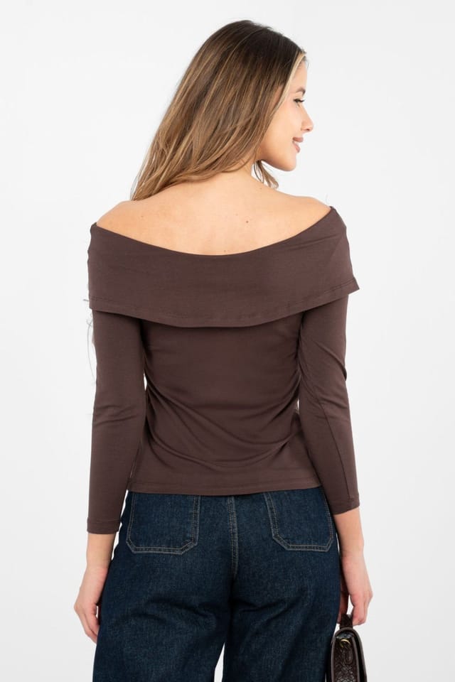 Love Lace Love Lace Women's Off Shoulder Fitted Cotton Elastane Blouse in Brown - 3