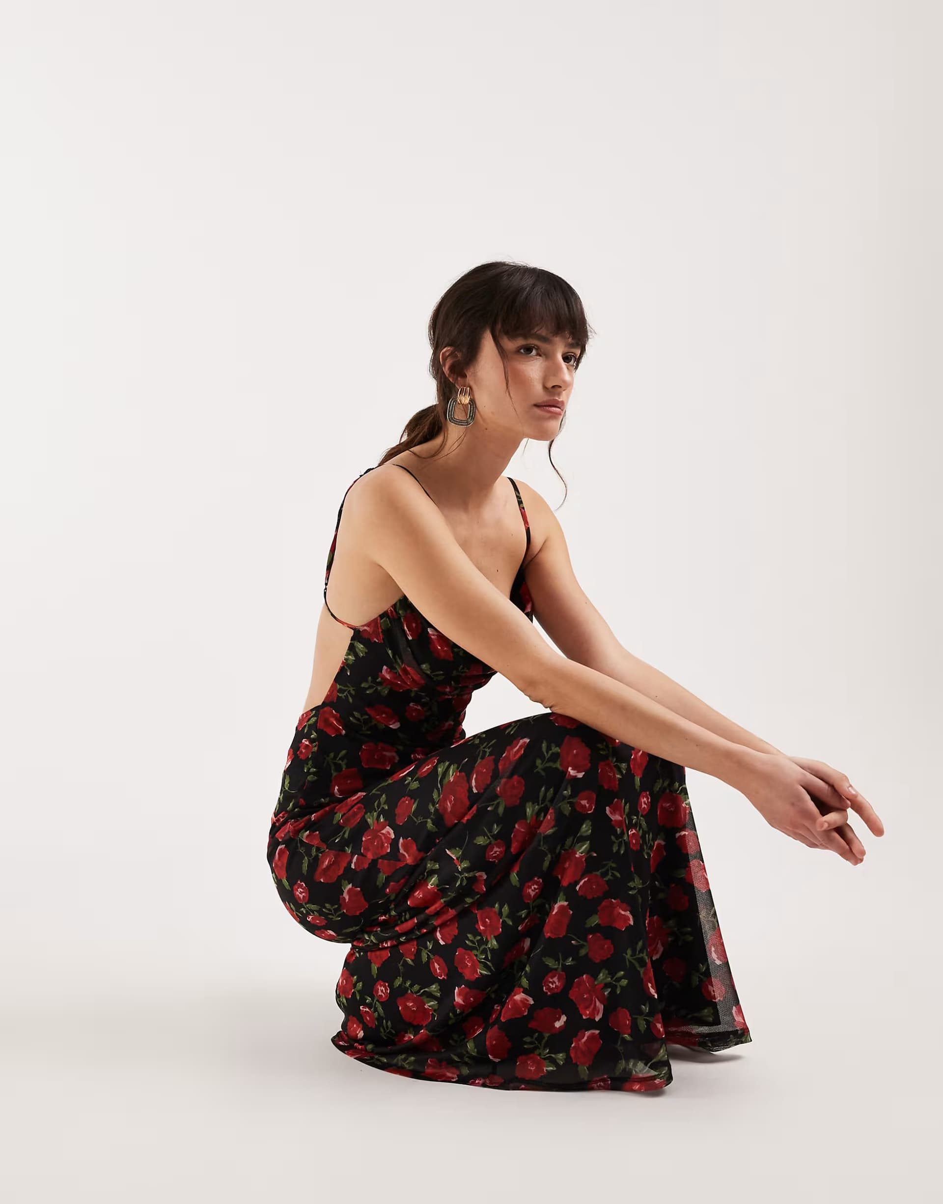 ASOS Gina Tricot strappy mesh cowl neck maxi dress in black with red rose print