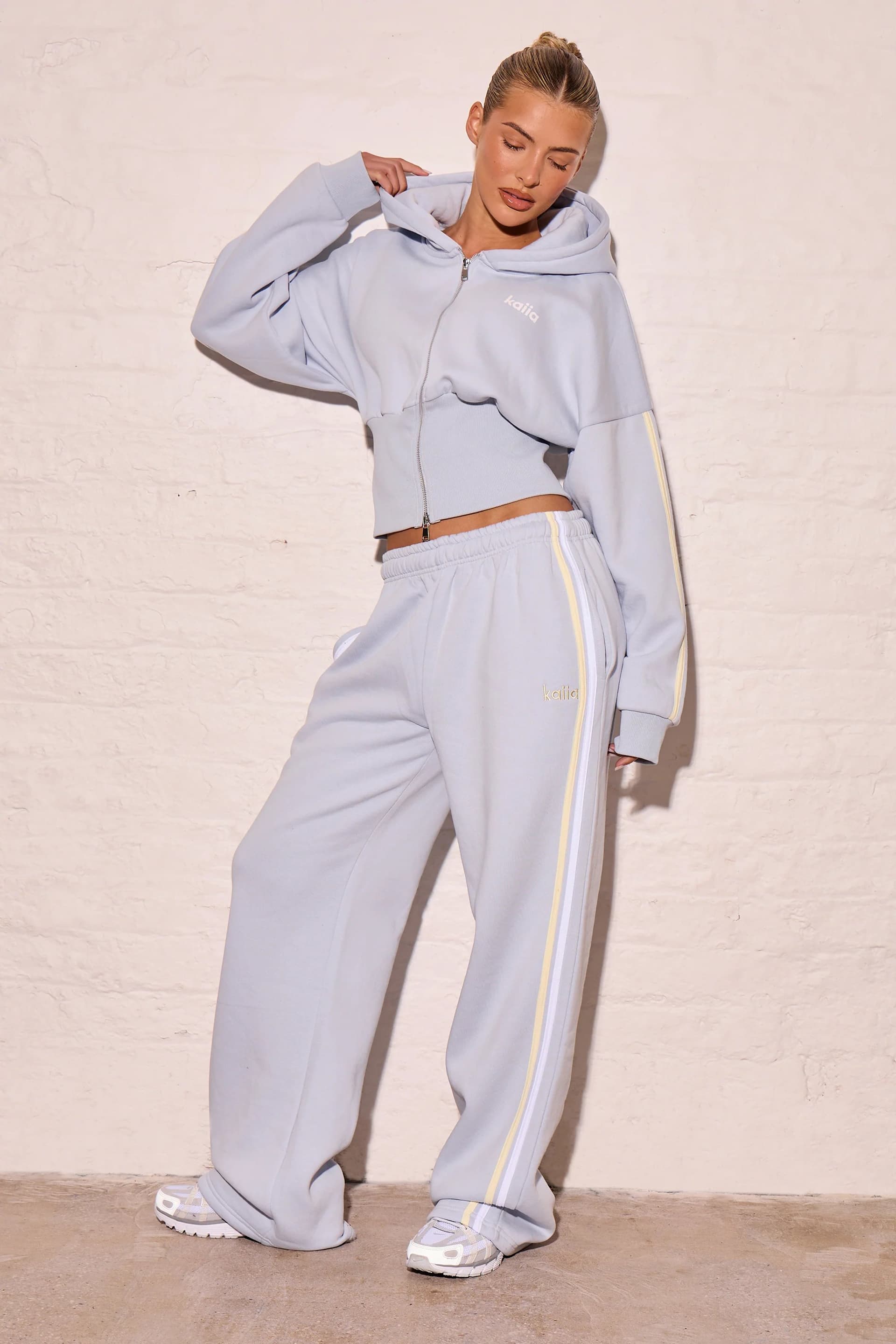 Kaiia Kaiia Side Stripe Wide Leg Joggers Dusty Blue & Lemon