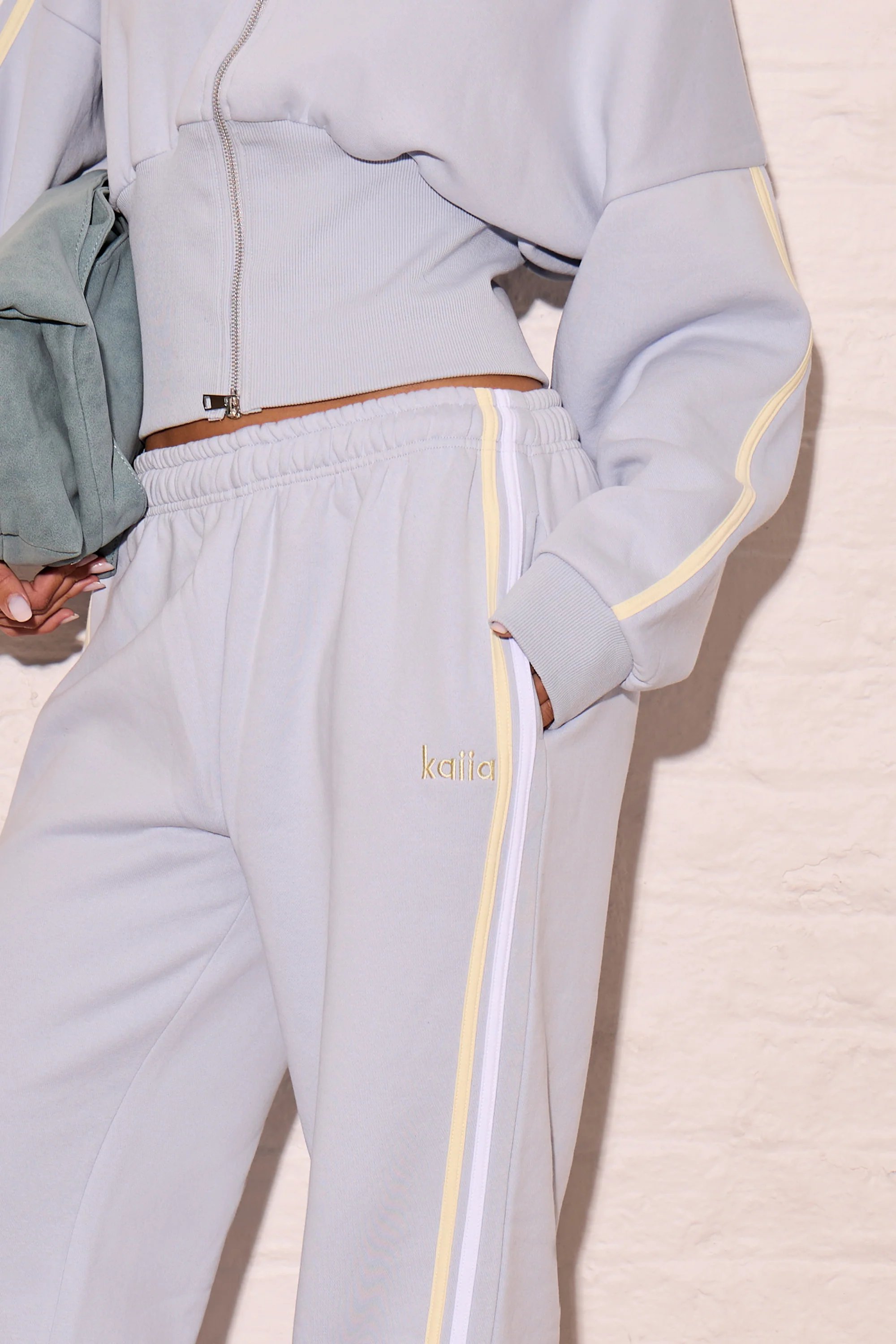 Kaiia Kaiia Side Stripe Wide Leg Joggers Dusty Blue & Lemon - 2